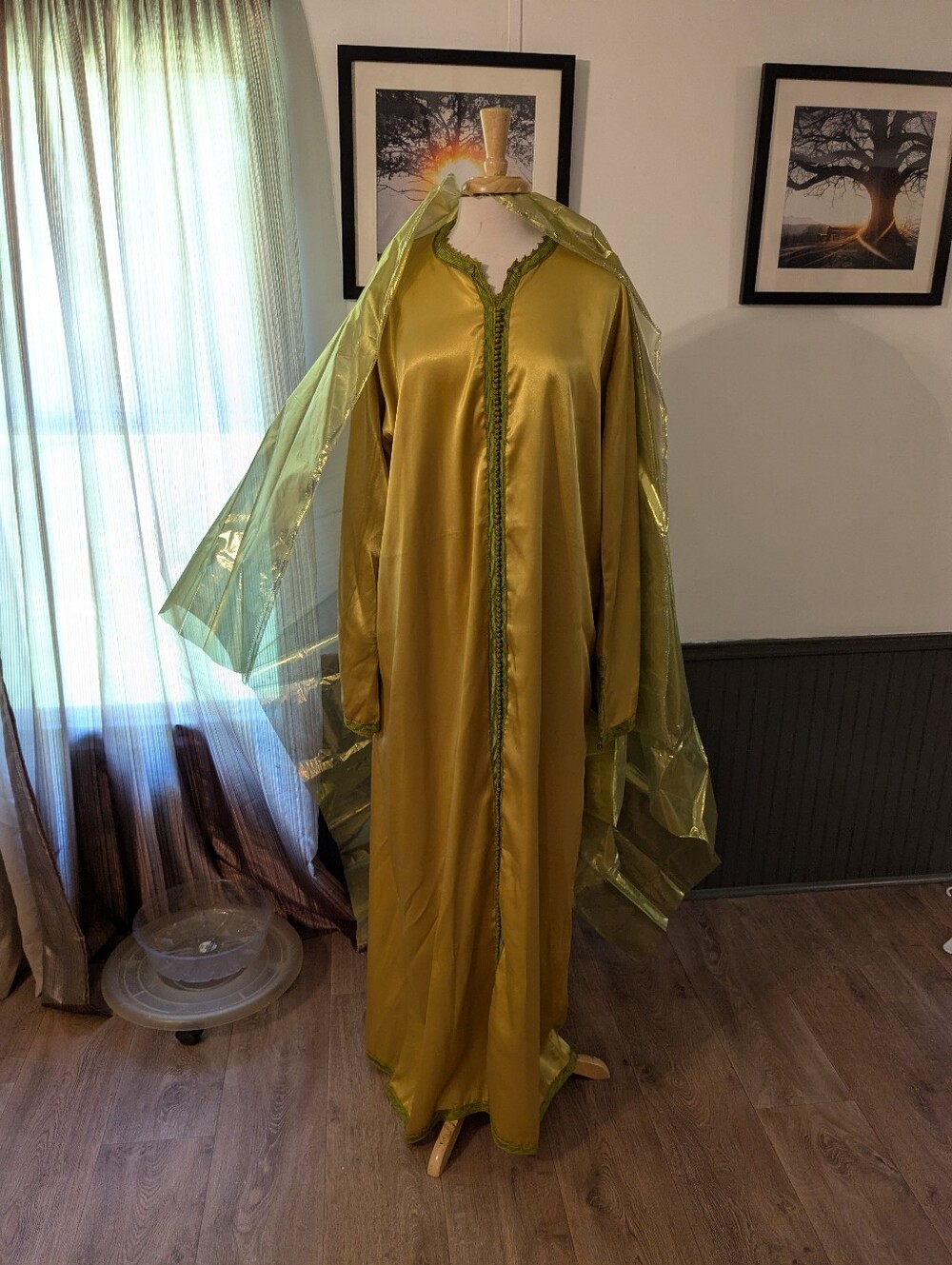 Gold And Olive Green Satin Caftan Robe with Sheer Cape